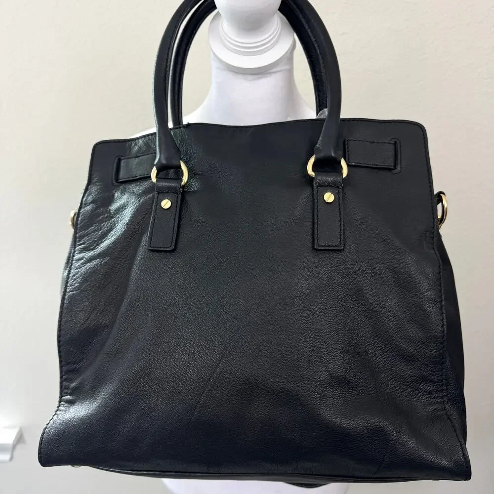 Michael Kors Womens Hamilton Satchel Handbag Leather Goldtone Lock Classic Black